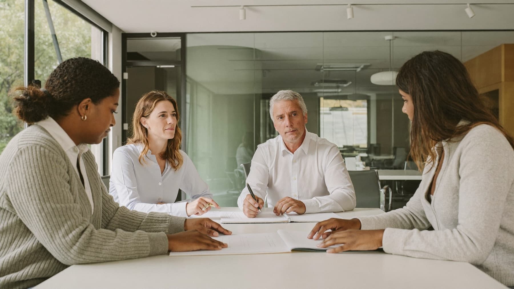 A sales leader works through printed pages with his team at a meeting table. Illustration.