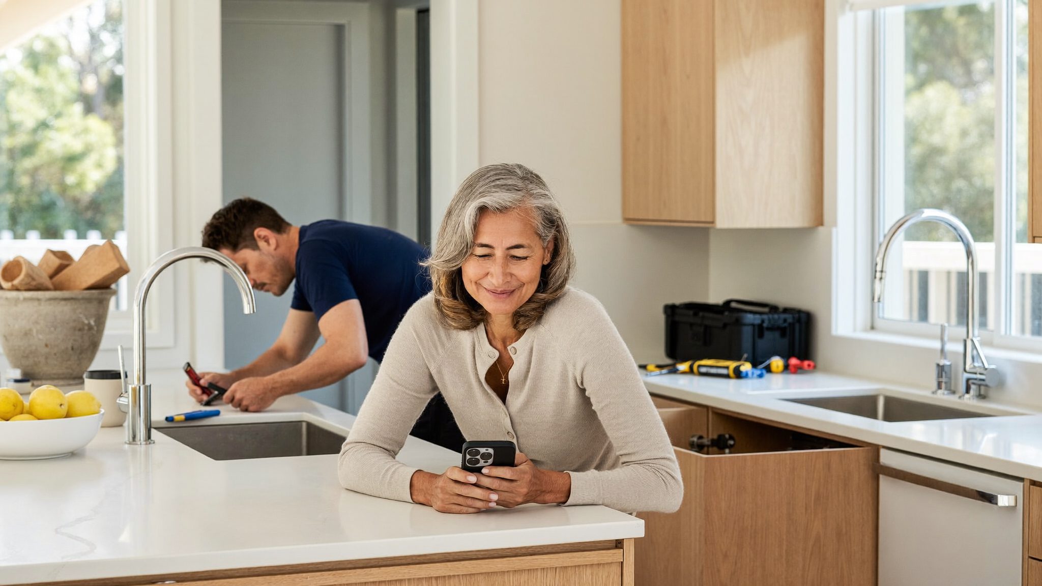 A homeowner smiling at her phone in a bright kitchen while a plumber fixes the faucet behind her