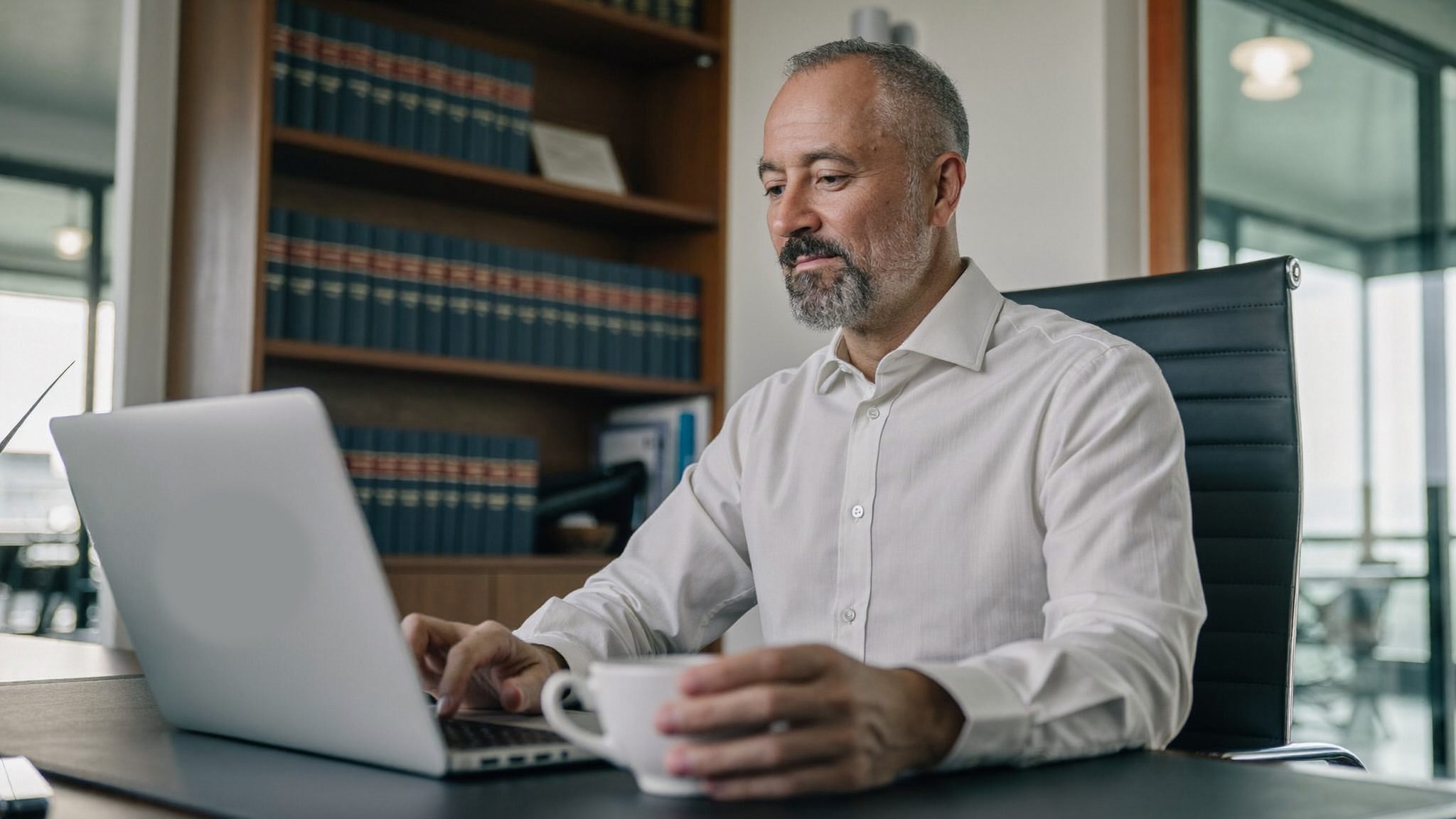 An attorney at his desk the next morning, reading the call that was answered overnight